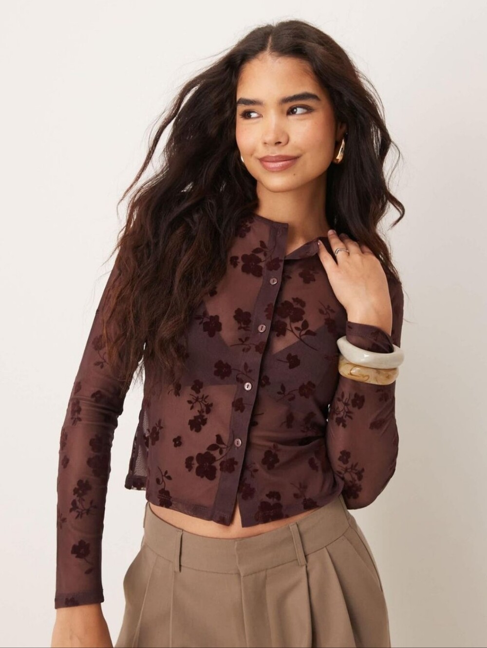 ASOS DESIGN BROWN FLOCKED SHRUNKEN MESH CARDIGAN MEDIUM VELVET SHEET